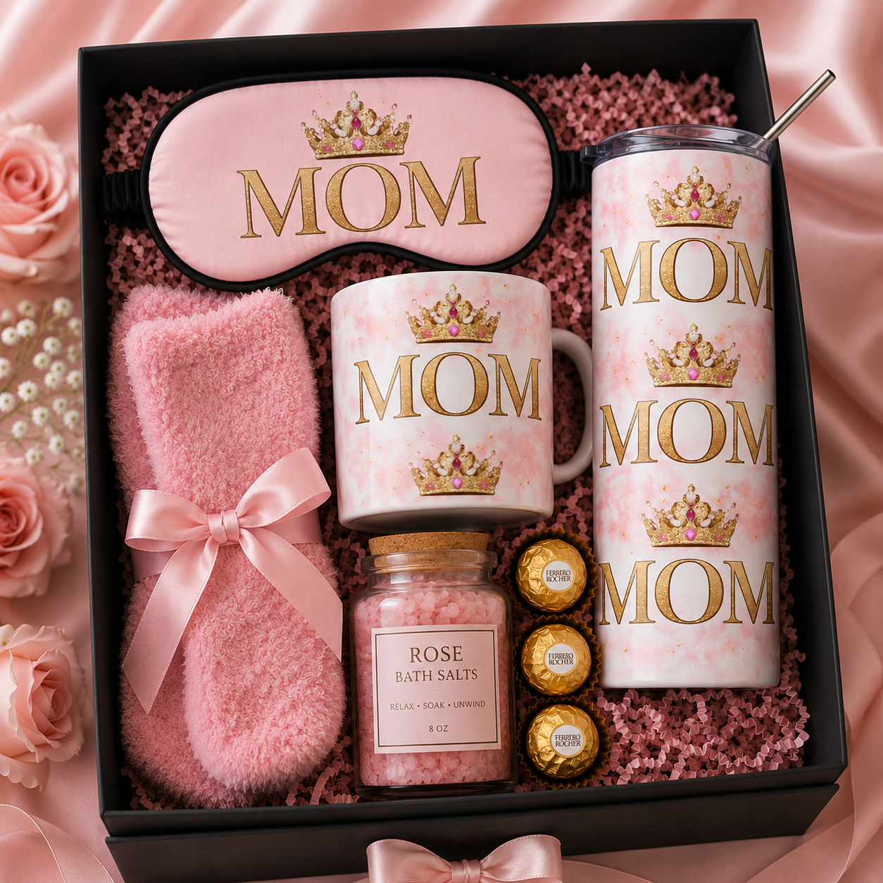 Luxury Mom Spa Gift Box Set | Pink Mom Mug & Tumbler Gift Basket | Mother’s Day Self Care Bundle for Mom