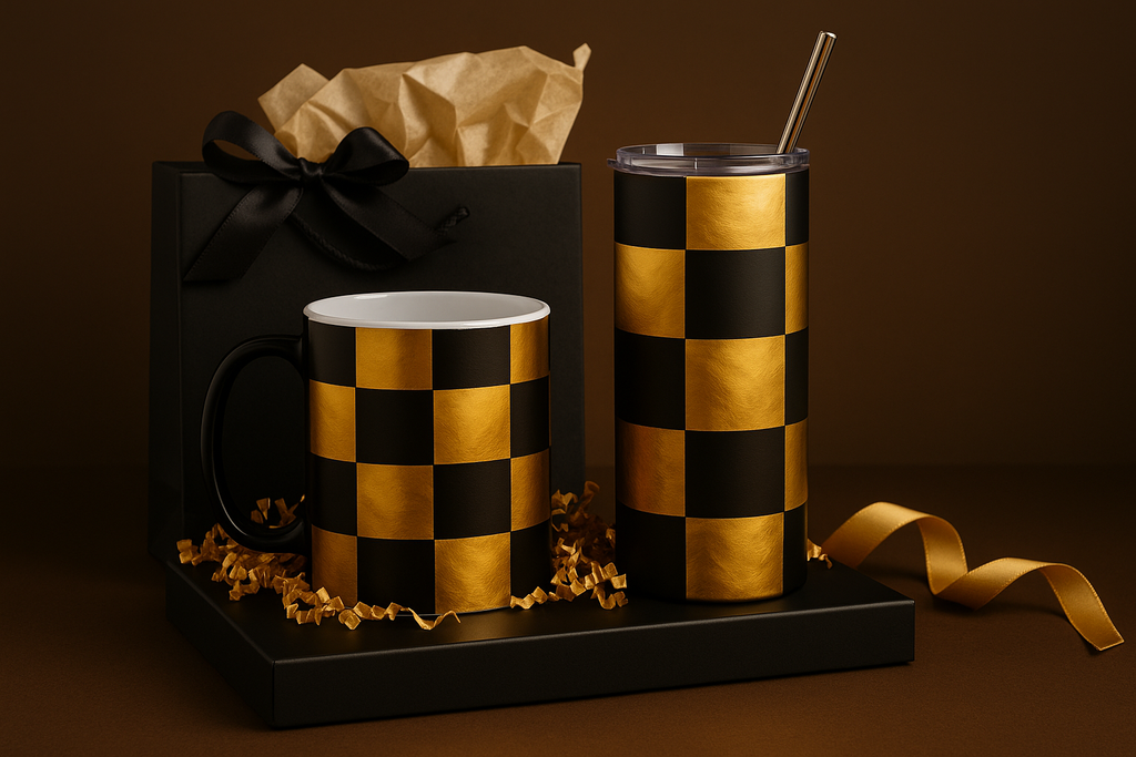 Black & Gold Checkered Mug & Tumbler Set — Luxe Designer Drinkware Duo, Premium Gift Bundle for Coffee & Tumbler Lovers