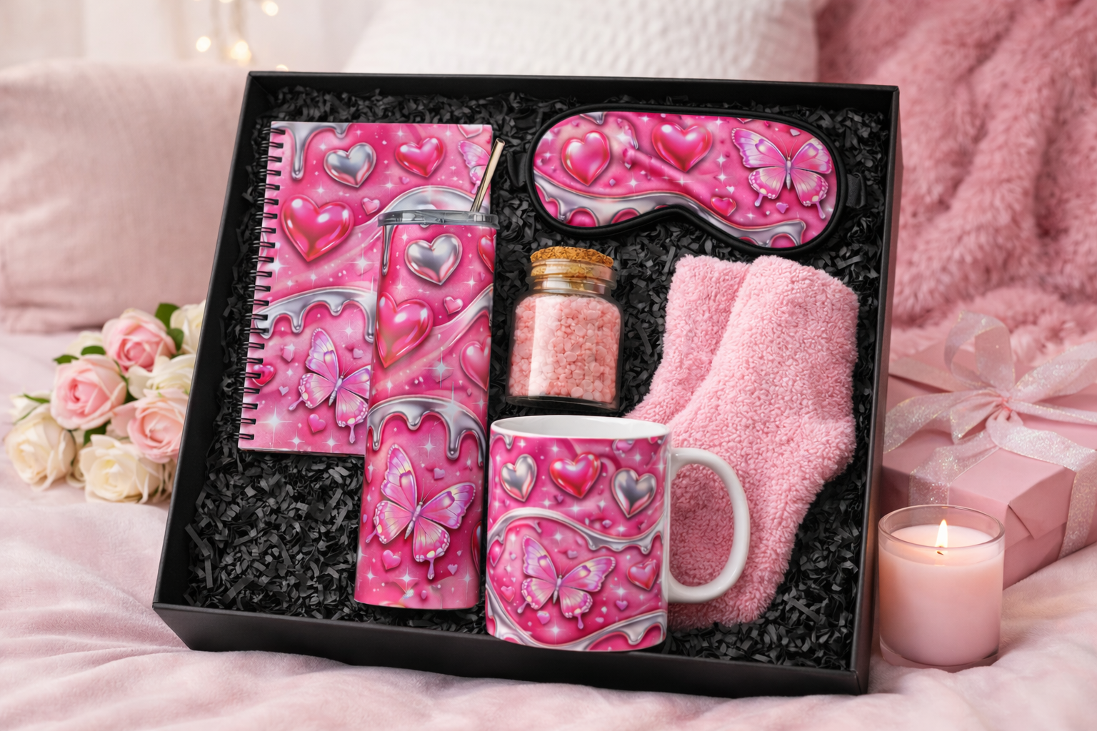 Luxury Pink Spa Gift Box for Mom | Mother’s Day Self Care Bundle | Cozy Relaxation Set | Mug, Tumbler, Socks, Sleep Mask Gift