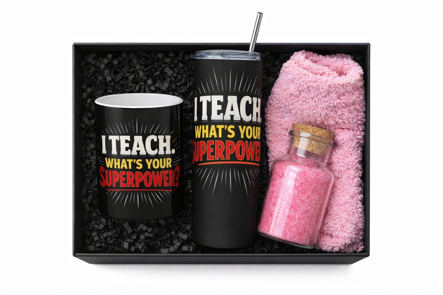 Teacher Appreciation Gift Box | Teacher Gift Set | I Teach What’s Your Superpower Mug & Tumbler | Thank You Teacher Gift | Teacher Christmas Gift