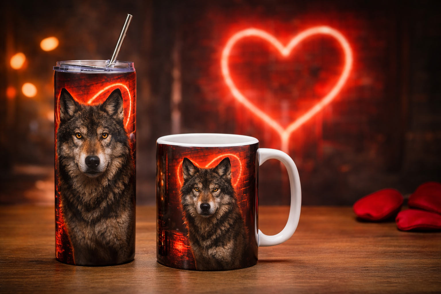Wolf Heart Duo Drinkware Set – Neon Love Mug & Tumbler Gift Bundle