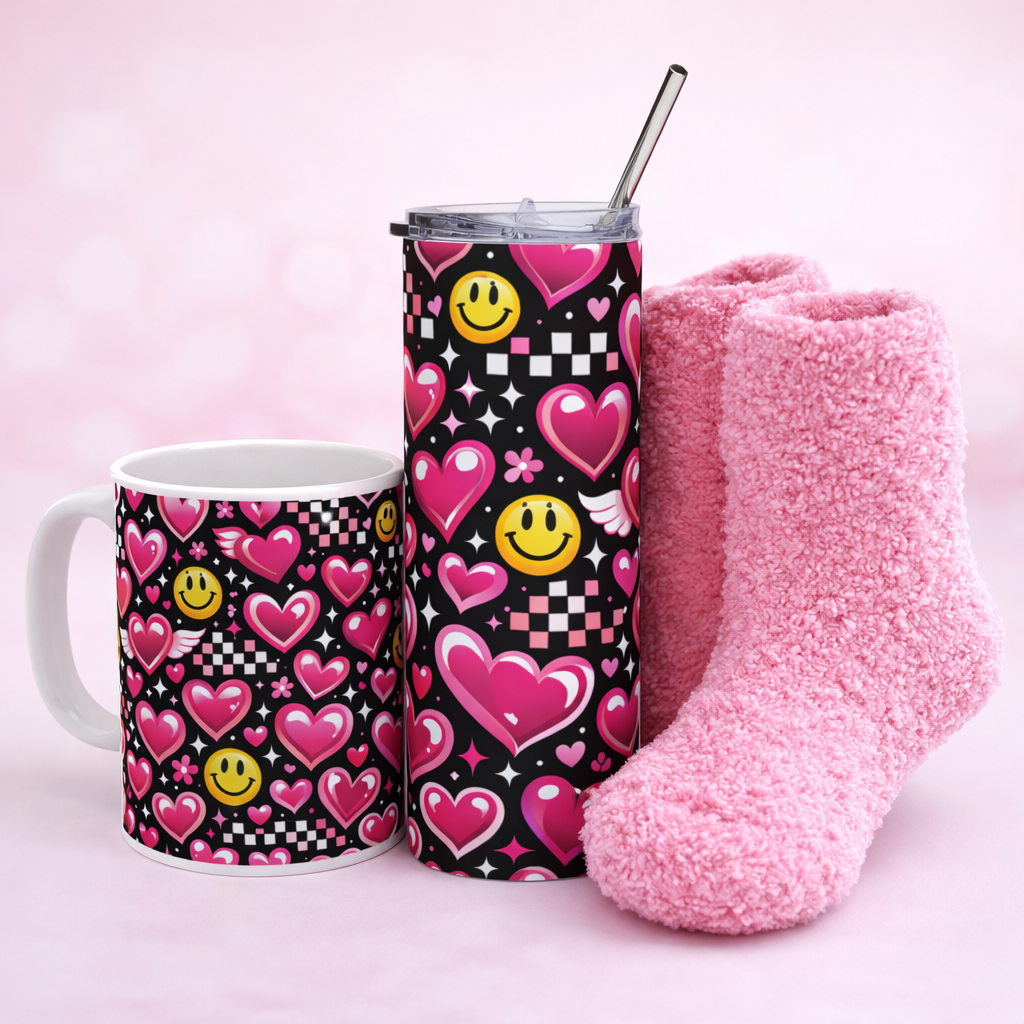 Y2K Heart Smiley Valentine Cozy Bundle 💖✨ | Mug, Tumbler & Pink Socks Set