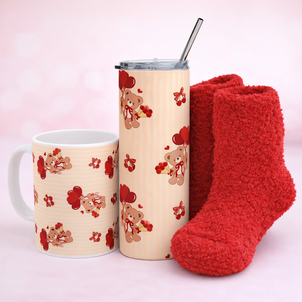 Teddy Bear Valentine Cozy Bundle 🧸❤️ | Mug, Tumbler & Socks Set