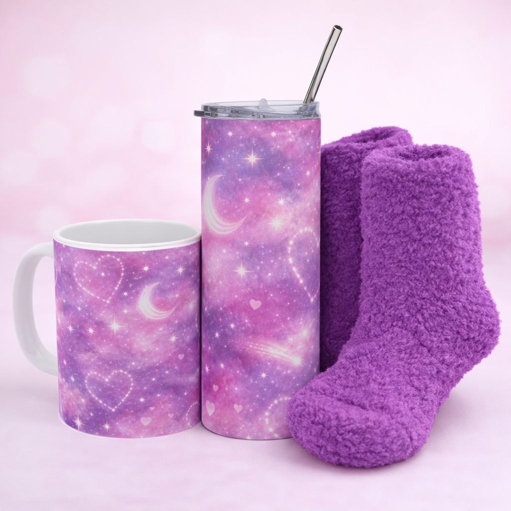 Purple Galaxy Love Cozy Bundle 🌙💜 | Mug, Tumbler & Socks Set