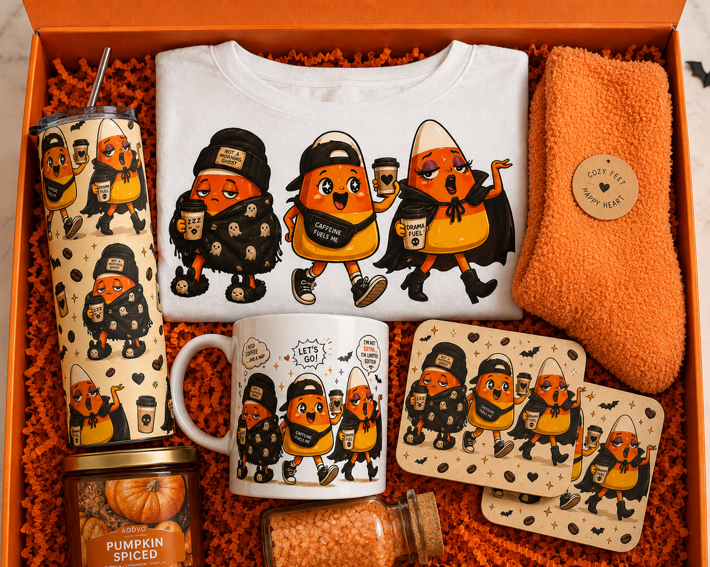 Candy Corn Coffee Crew Halloween Gift Box | Funny Coffee Lover Fall Gift Set | Cozy Autumn Self-Care Bundle