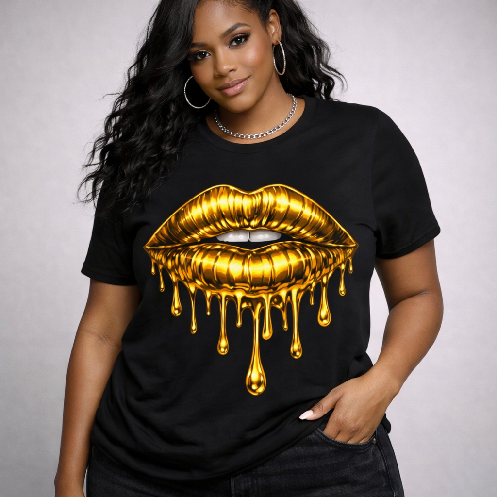 Gold Drip Lips T-Shirt — Metallic Melting Lip Graphic Tee