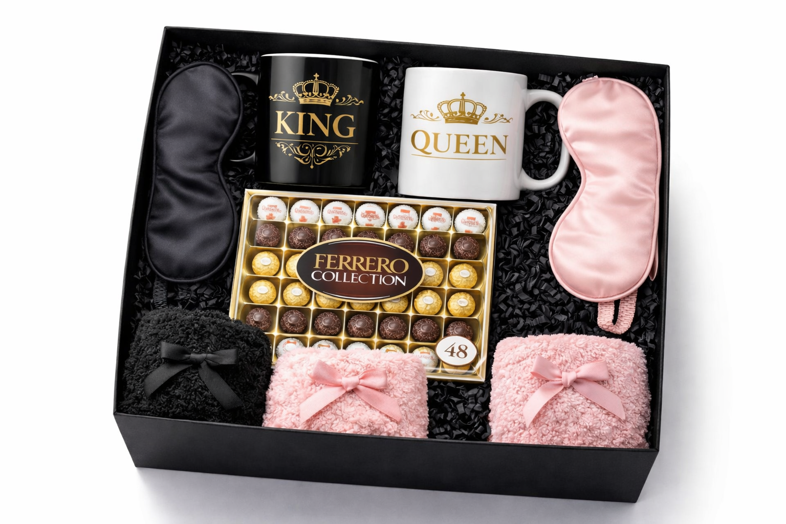 King & Queen Couples Gift Box – Mug Set, Ferrero Chocolate, Cozy Socks & Silk Sleep Masks – Romantic Anniversary or Valentine’s Gift