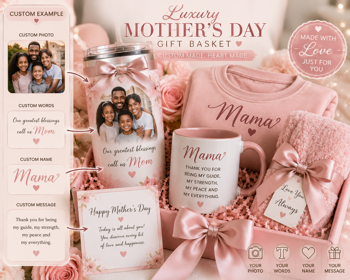 Custom Mother’s Day Spa Gift Basket | Personalized Mom Gift Box with Mug & Tumbler | Pink Self Care Basket for Mom