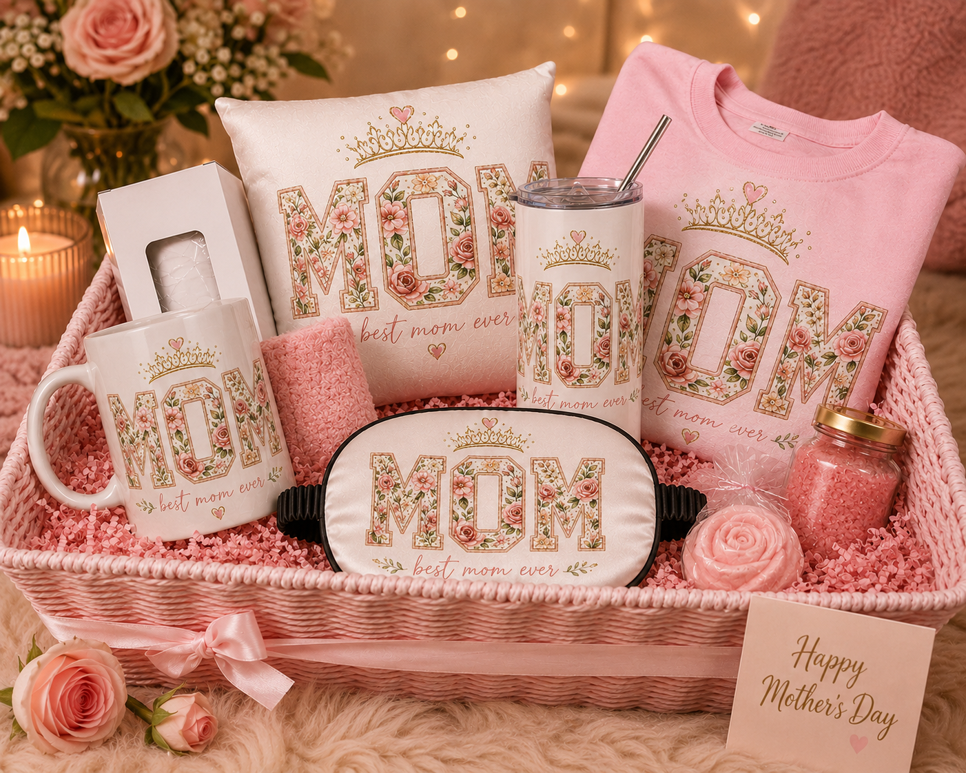 Custom Mother’s Day Spa Gift Basket | Personalized Mom Gift Box with Mug & Tumbler | Pink Self Care Basket for Mom