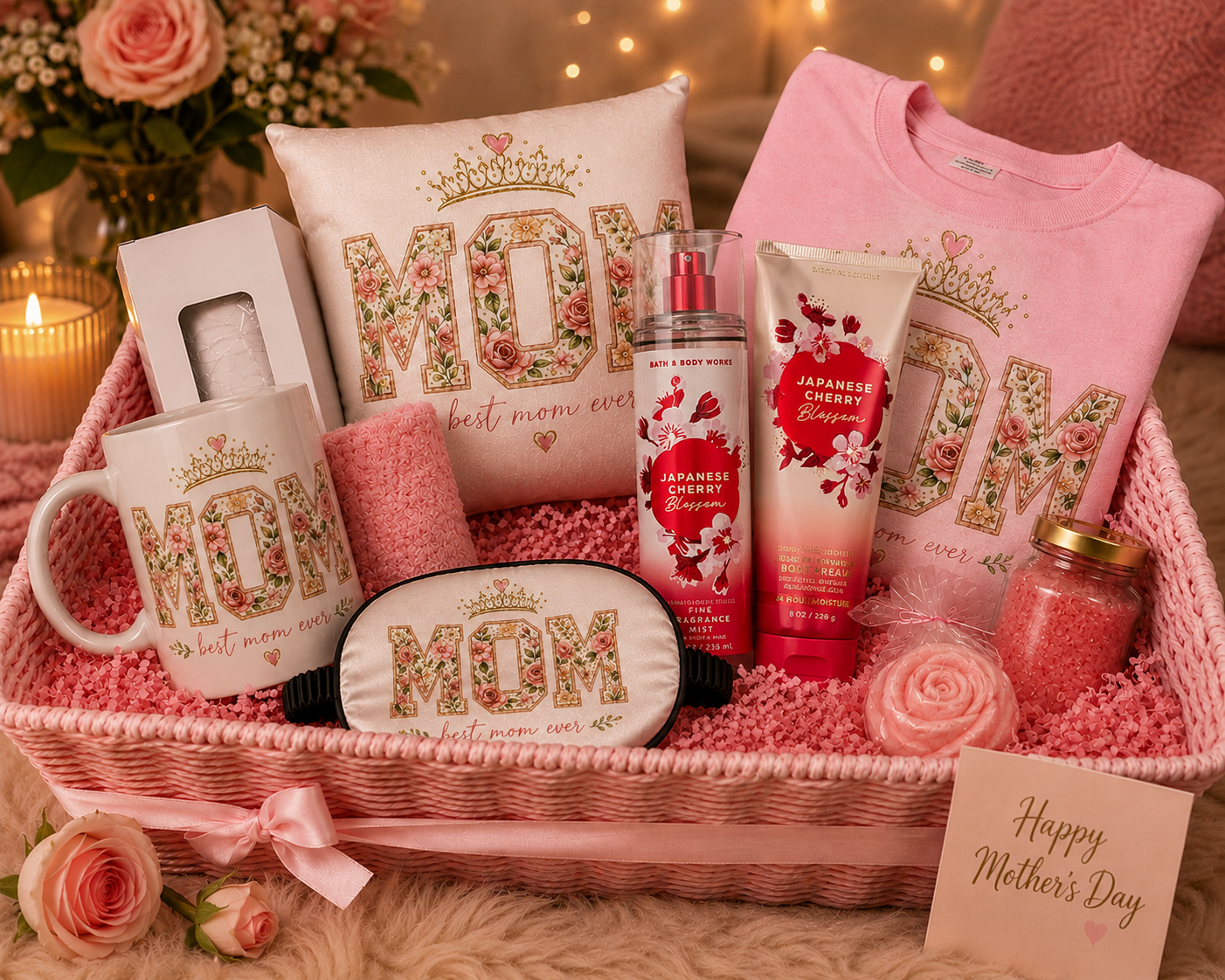 Custom Mother’s Day Spa Gift Basket | Personalized Mom Gift Box with Mug & Tumbler | Pink Self Care Basket for Mom