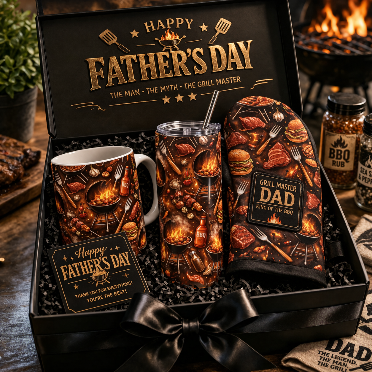 Grill Master Dad Gift Box 🔥 | BBQ Mug & Tumbler Set + Matching Oven Mitt | Father’s Day Gift for Dad | Cooking & BBQ Lover Gift