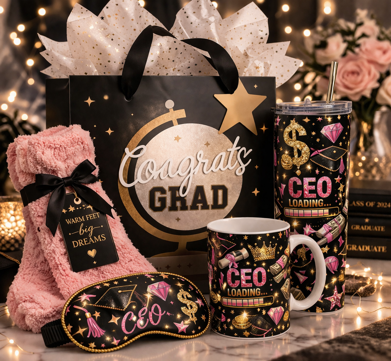 CEO Loading Graduation Gift Set – Boss Babe Grad Bundle with Mug, Tumbler, Sleep Mask & Cozy Socks