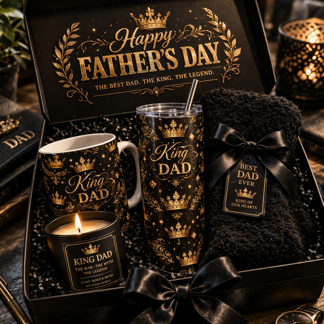 King Dad Luxury Gift Box 👑 | Royal Mug & Tumbler Set + Candle & Socks | Father’s Day Gift for Dad | Elegant Gift Set