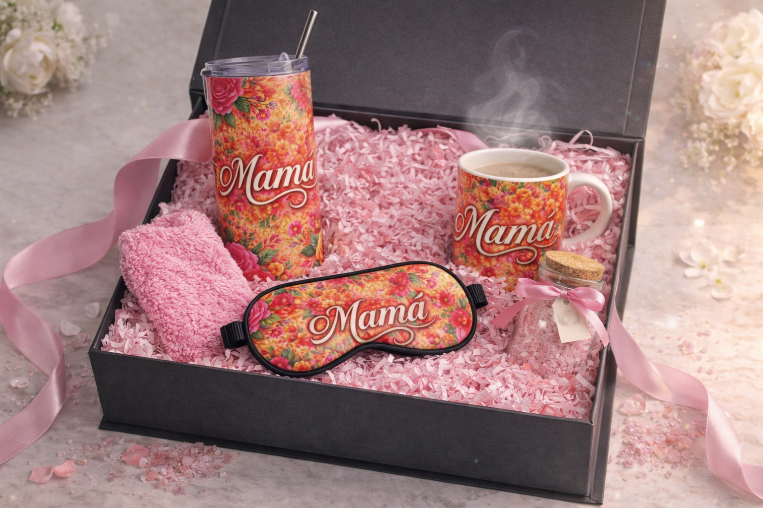 Mama Gift Box – Mother’s Day Gift Set, Floral Pink Self Care Bundle, Gift for Mom, Relaxation Spa Box for Her, Birthday Gift for Mom
