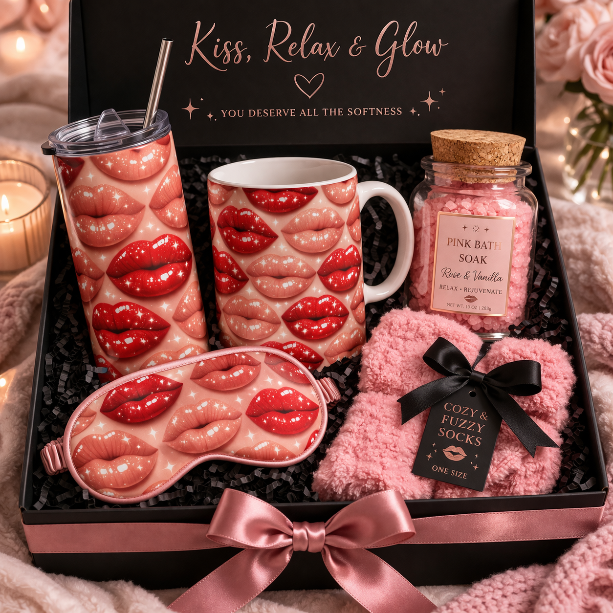 Kiss & Glow Self-Care Gift Box 💄 | Lip Print Mug & Tumbler Set | Pink Spa Bundle | Cozy Socks & Sleep Mask | Birthday Gift for Her