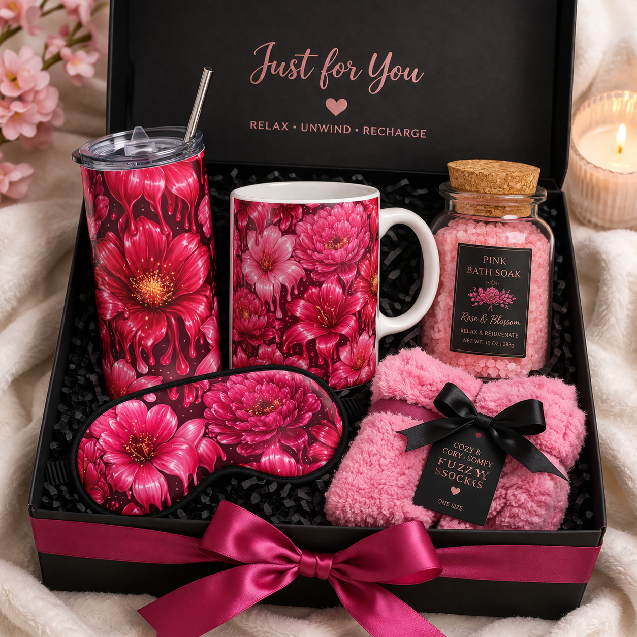 Luxury Pink Floral Self-Care Gift Box Set | Spa Relaxation Bundle | Mug & Tumbler Gift | Cozy Socks & Sleep Mask | Birthday, Mother’s Day Gift for Her