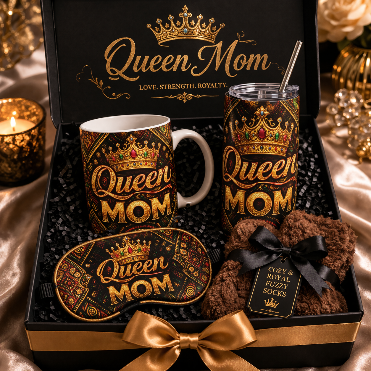 Queen Mom Luxury Gift Box 👑 | Royal Mug & Tumbler Set | Self Care Spa Bundle | Cozy Socks & Sleep Mask | Mother’s Day Gift for Mom