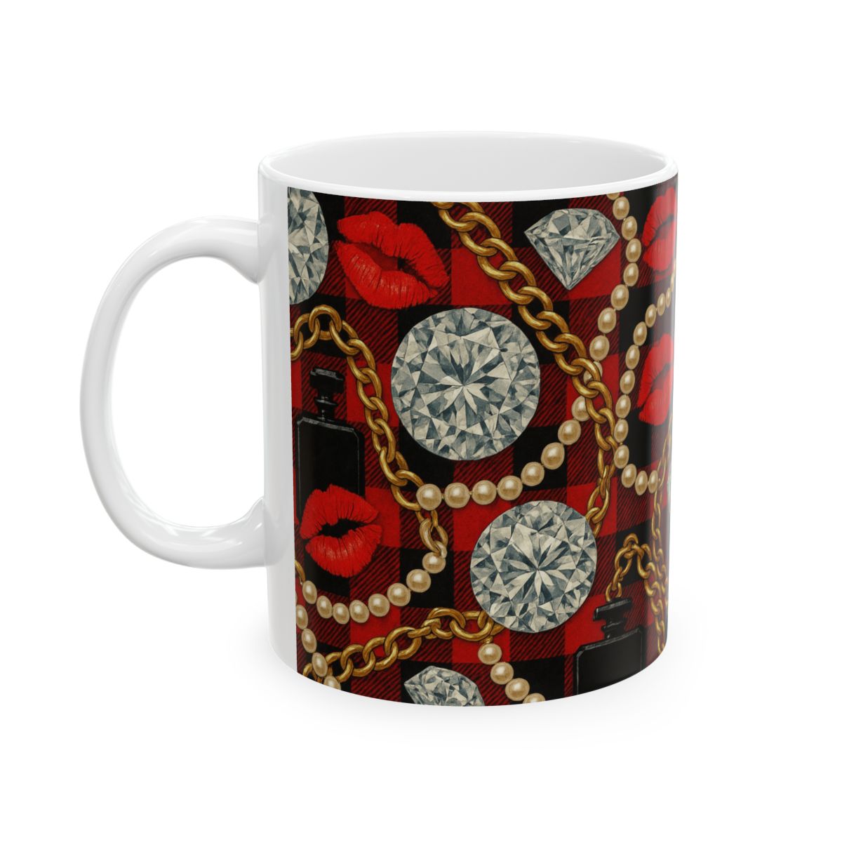 Glam Pattern Mug — Lipstick, Pearls & Diamond Print Ceramic Coffee Cup (11oz/15oz)