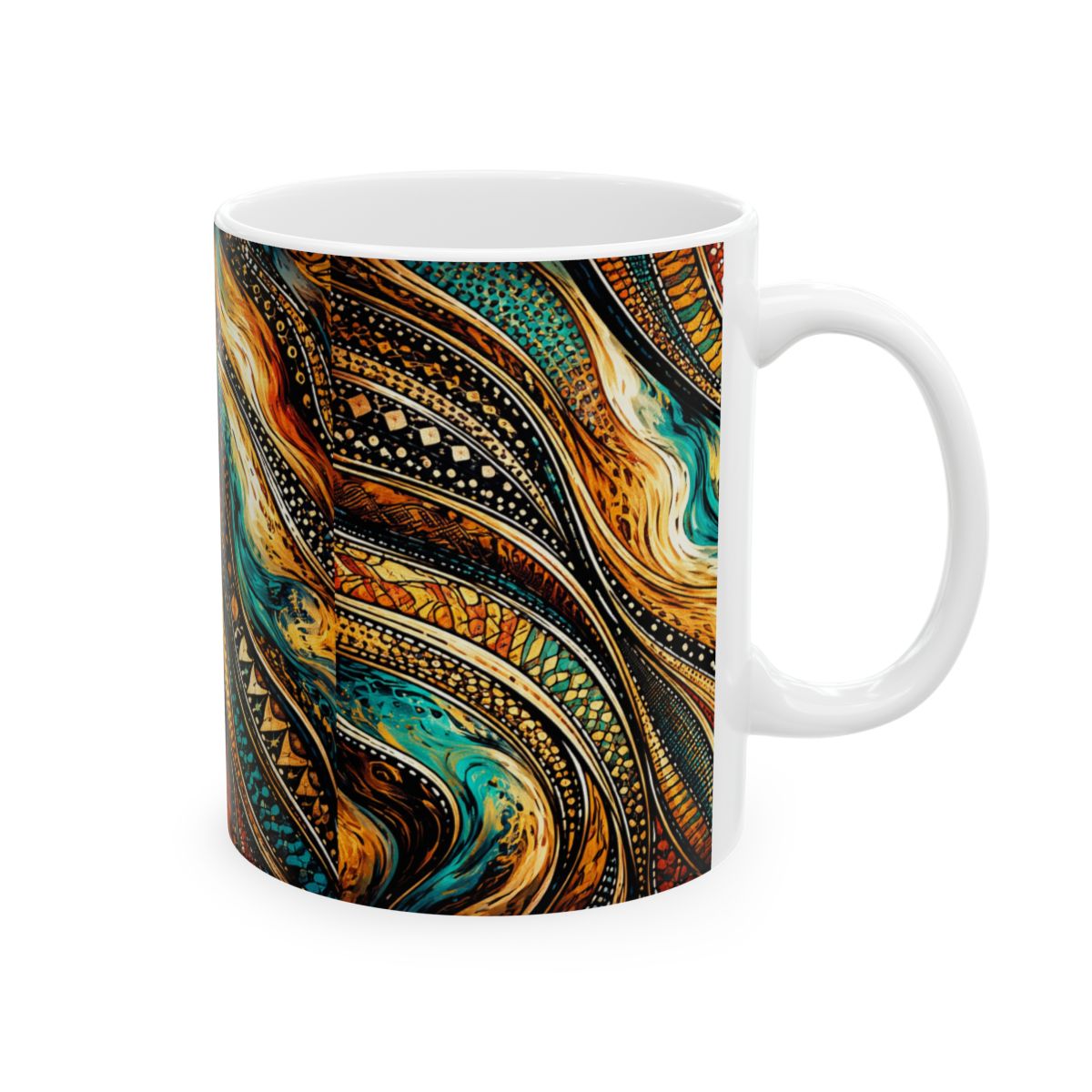 Boho Abstract Waves Ceramic Mug — Turquoise & Amber Artistic Coffee Cup (11oz/15oz)