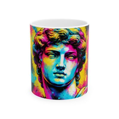 Colorful Pop Art David Ceramic Mug — Neon Classical Statue Coffee Cup (11oz/15oz)