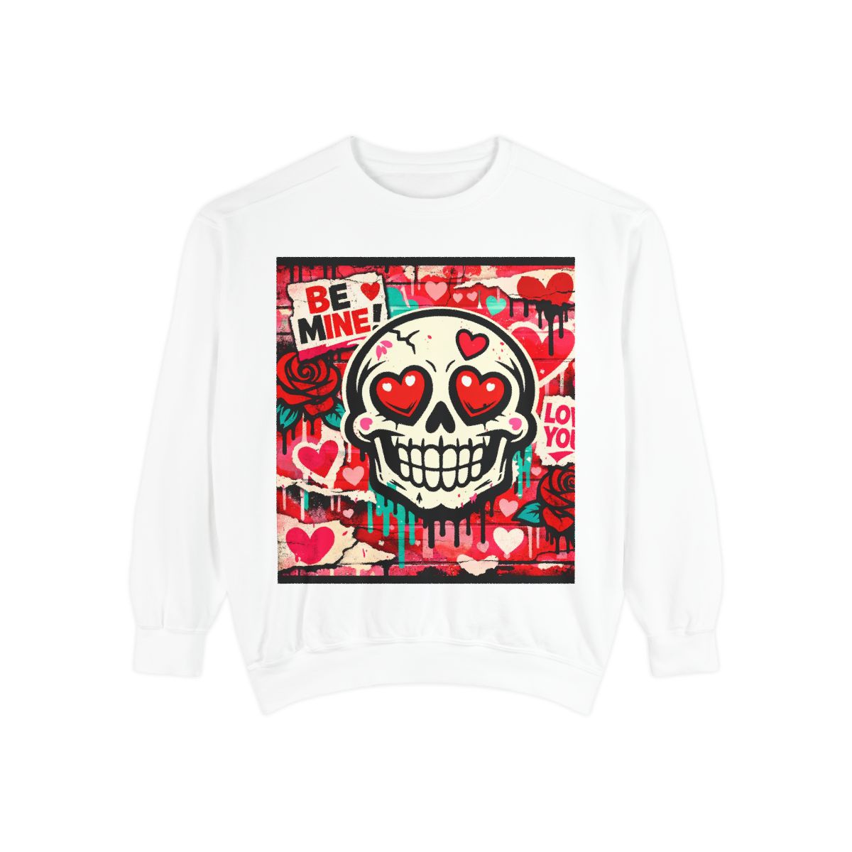 Valentine Skull Sweatshirt – 'Be Mine' Heart-Eye Skull Graphic Crewneck